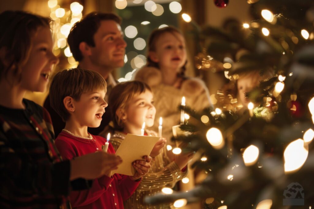 des enfants ave un adulte qui chantent avec une bougie dans la main devant le sapin de noel 