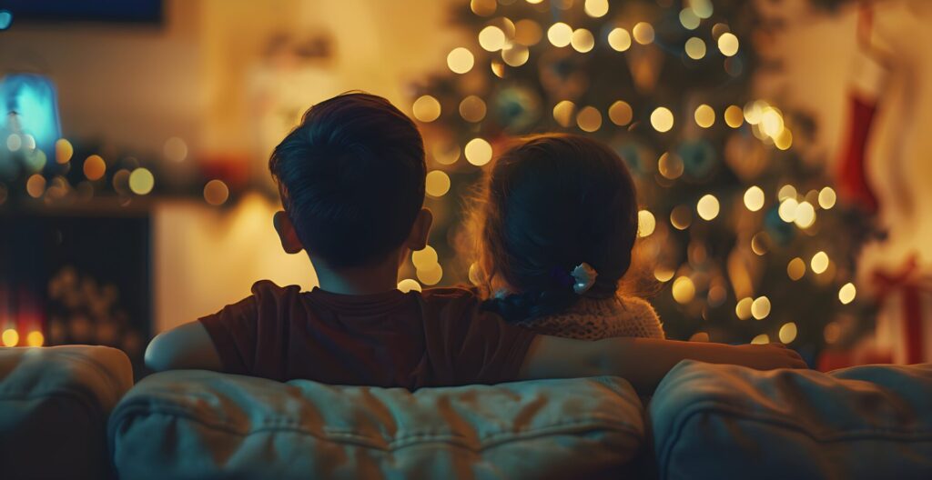 une petite fill et un petit garçon qui regardent la tv sur un canapé dans une ambance de noel