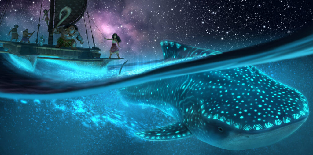 scène de film de Vaïana 2.  Vaiana sur le bateau avec Maui e d'utre personnages entrain de regarder une baleine luminescente