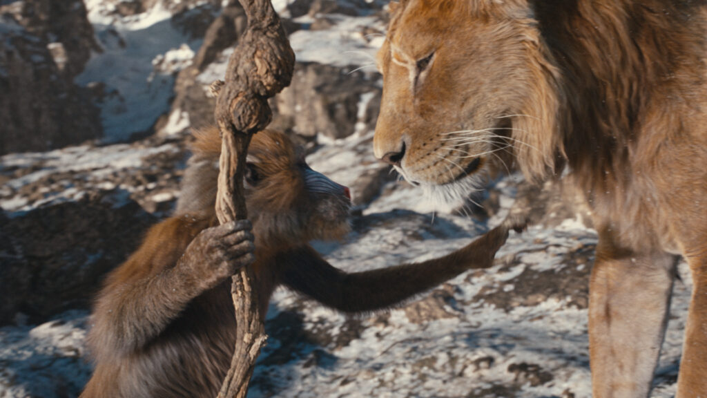 scène du film Mufasa le roi lion avec le singe babouin 