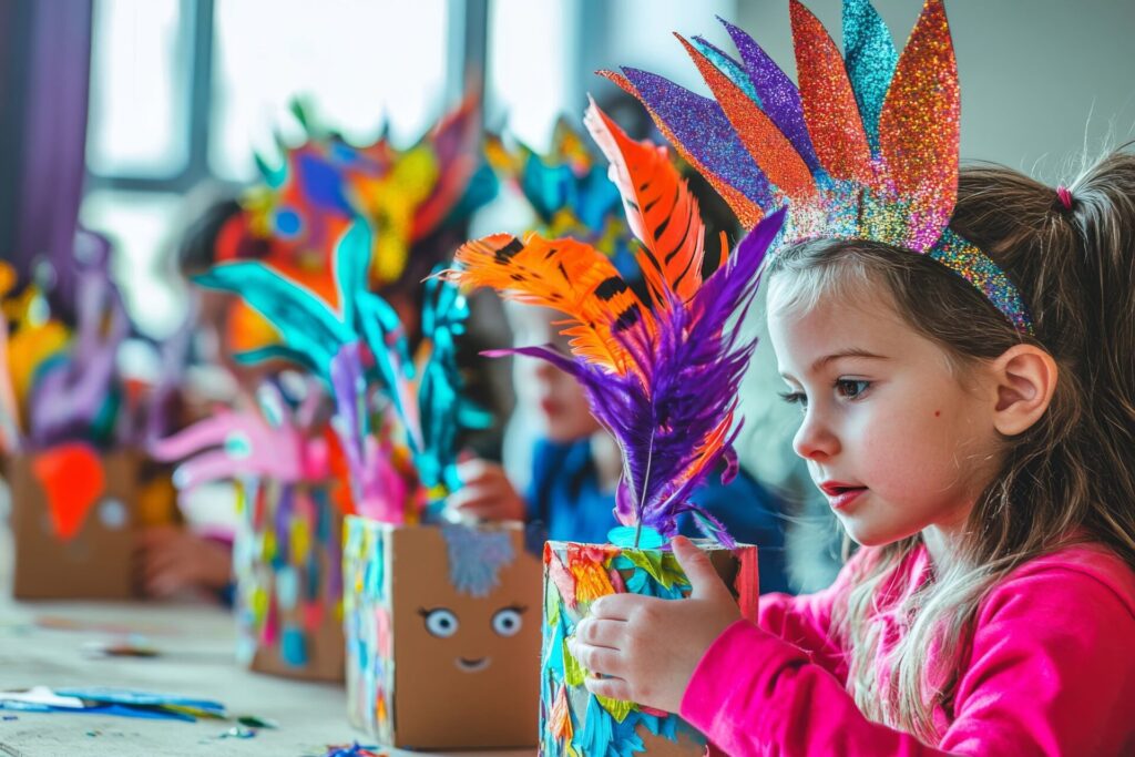 petite fille et autres enfants qui réalisent des déguisements DIY