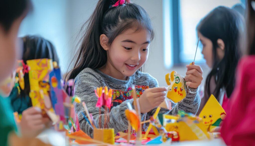 petite fille  typé asiatique entrain de faire des origamis